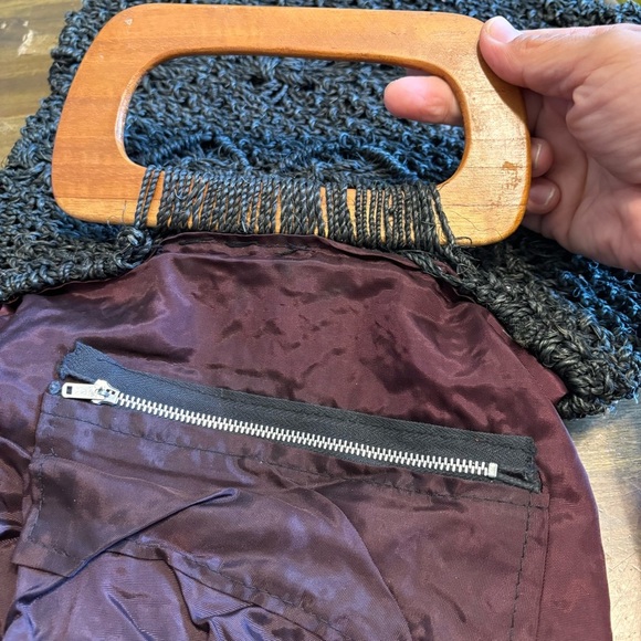 Vintage Raffia Crochet Woven Basket Straw Wood Handles 60’s Black Macrame Tote - Picture 9 of 10